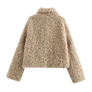 Detailed back view of a camel fleece jacket with sharp fabric texture on white background