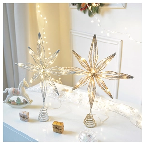 Detailed macro view of golden and silver iron Christmas tree star toppers with LED lights