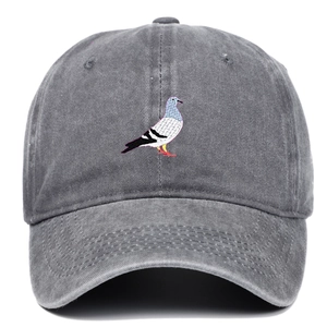 Distressed grey washed cotton baseball cap with embroidered pigeon bird on front