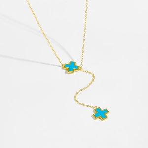 Minimalist S925 sterling silver Y-shaped necklace with gold-plated turquoise cross charms