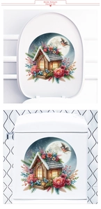 Detail of bird and snowy cabin wall decal applied to a white ceramic toilet lid
