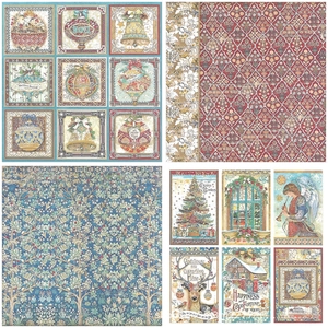 Detailed view of vintage Christmas scrapbook paper with festive patterns and illustrations