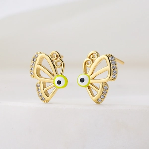Elegant 18K gold-plated butterfly stud earrings with evil eye motif and crystal accents