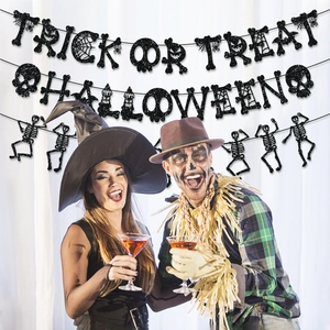 Glittery Trick or Treat and Halloween skeleton banner set for party wall decorations