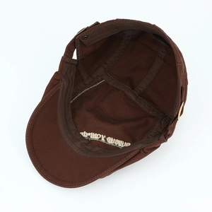 Deep brown cotton flat cap with sweatband and adjustable bronze metal buckle
