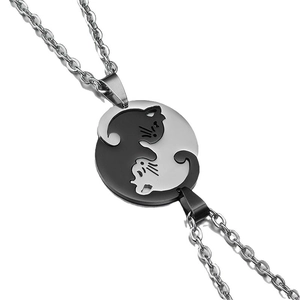 Matching cat pendant necklaces for couples in yin yang puzzle design, polished steel
