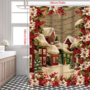 Detail view of 180x180cm Christmas shower curtain featuring festive red house and floral print