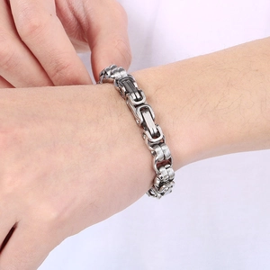 Men's silver Byzantine chain bracelet in heavy stainless steel for punk hip hop style