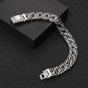 Men's punk style stainless steel chain bracelet with black stripe S-link design