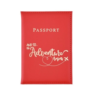 Red PU leather passport holder with gold foil adventure quote and airplane icon