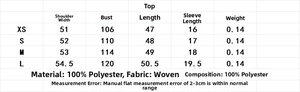 Size guide for vintage printed short sleeve shirt showing 100% polyester fabric info