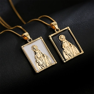 Virgin Mary Pendant Necklace Rectangular 18K Gold Plated Copper Enamel Religious Icon Clavicle Chain Jewelry For Women