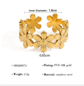 Detail of gold starfish flower ring with adjustable open design and PVD 18K plating