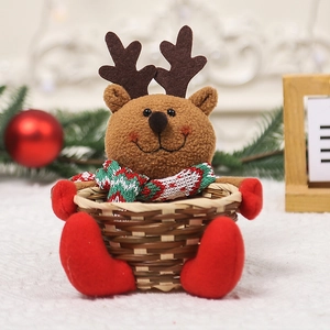 Christmas Reindeer Plush Candy Basket with Bamboo Base for Holiday Tabletop Decoration