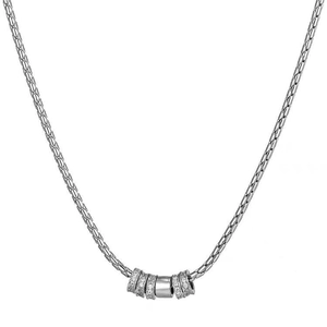 Titanium steel necklace with five sparkling zircon cylinder pendants on a woven wheat chain