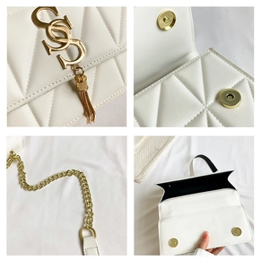 Detail showing white quilted leather texture, golden magnetic snaps, and tassel chain