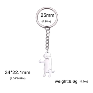 Stainless steel keychain featuring cute cartoon cat with thumbs up design and dimensions