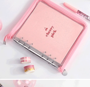 Pink cherry loose-leaf notebook set with PVC zipper bag, washi tape and glitter pen