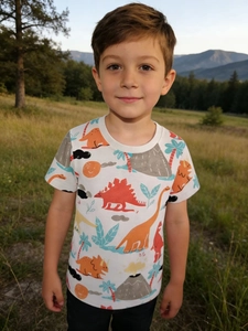 Boys Casual Combed Cotton Short Sleeve T-Shirt Cartoon Dinosaur Print Summer Round Neck Breathable Top For Kids