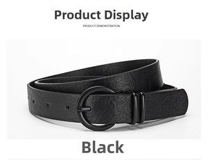 Detail view of a black faux leather belt featuring a round buckle and litchi texture