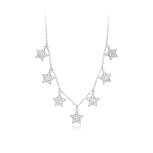S925 sterling silver pentagram star necklace with sparkling cubic zirconia on fine O-chain