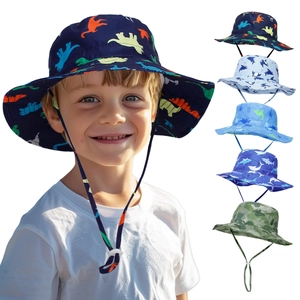 Adjustable kids quick-dry sun hat with dinosaur prints and protective wide brim