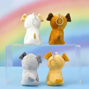 Rear view of four colorful plush dog keychain charms showing customization spots