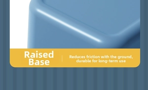 Close-up of blue storage box base with elevated design to reduce floor friction