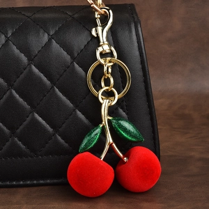 Cute Flocked Cherry Keychain For Women Gold Alloy Metal Fruit Bag Pendant Plush Red Pink Cherry Accessories