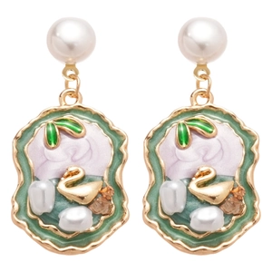 Vintage style swan pendant earrings with pearls and colorful enamel on golden base