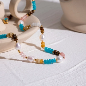Bohemian 18k gold stainless steel necklace with baroque pearls and tiger eye stones