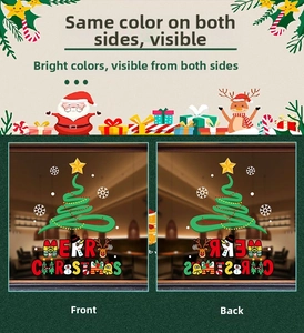 Detailed view of double-sided Christmas tree window sticker with Merry Christmas text