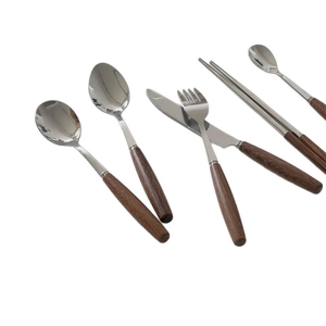 Retro Korean style cutlery set with stainless steel heads and dark brown wooden handles