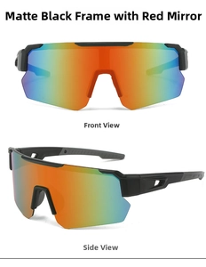 Front and side views of matte black cycling sunglasses with red mirrored lenses