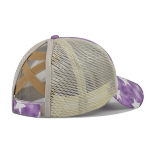 Detail of purple star ponytail baseball cap with criss-cross elastic bands and mesh back