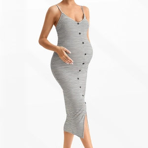 Striped knit maternity midi dress with V-neck, buttons, and side slit on white background