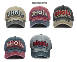 Multi-angle color display of vintage washed cotton baseball caps with 3D embroidery