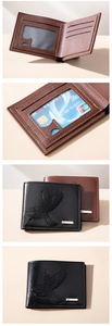Detailed view of men's short PU leather wallet with eagle relief and internal card slots