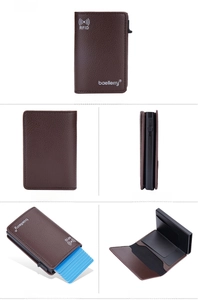 Detail view of coffee lychee leather RFID wallet with side pop-up mechanism and card slots