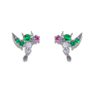 Macro shot of silver hummingbird stud earrings with green and pink micro-set cubic zirconia