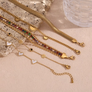 18K gold plated multi-layer bracelet set with heart pendant and colorful zircon stones