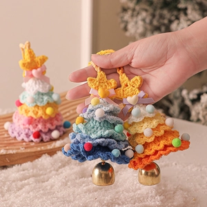 Handmade Crochet Christmas Tree Ornament Yarn Tiered Hanging Decor With Metal Bell Colorful Pom Pom For Tree Car Home