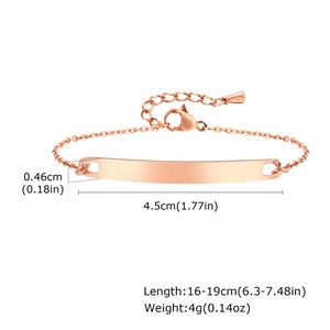 Detail showing dimensions of rose gold stainless steel bar bracelet with adjustable chain