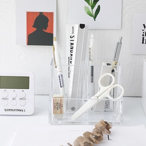 Organisateur de bureau en acrylique transparent à quatre compartiments pour stylos