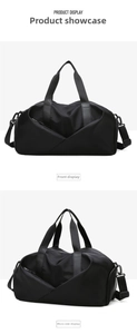 Detail view showing front and side profile of a black waterproof gym bag with shoulder strap