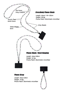 Three sizes of pearl phone straps: crossbody, neck, and wrist styles with alloy clasps