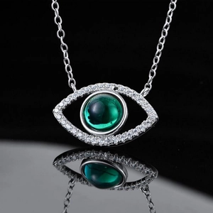 S925 sterling silver necklace with emerald devil eye pendant and sparkling white stones