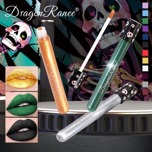 Matte lip gloss set in gold, green, and silver colors with skull design caps