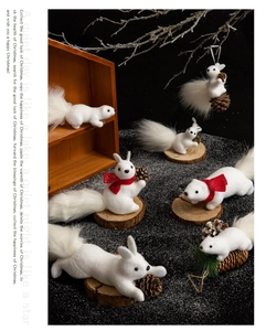 Close-up of fluffy white foam plush squirrels with pine cones for Christmas decor