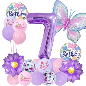 Purple number 7 balloon set with butterfly and flower foil accents for birthday party decor